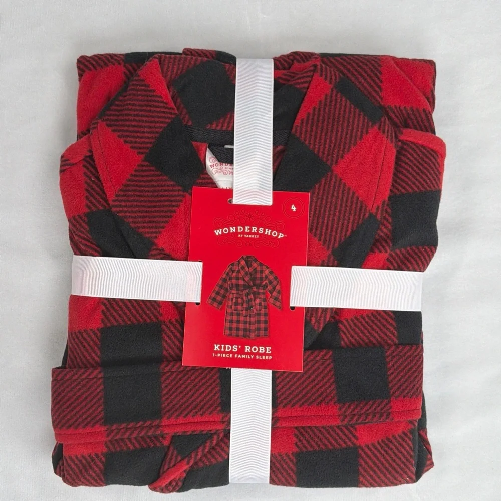 Kids Robe‎ w/ Sash & Pockets Red & Black Buffalo Plaid Fleece Unisex